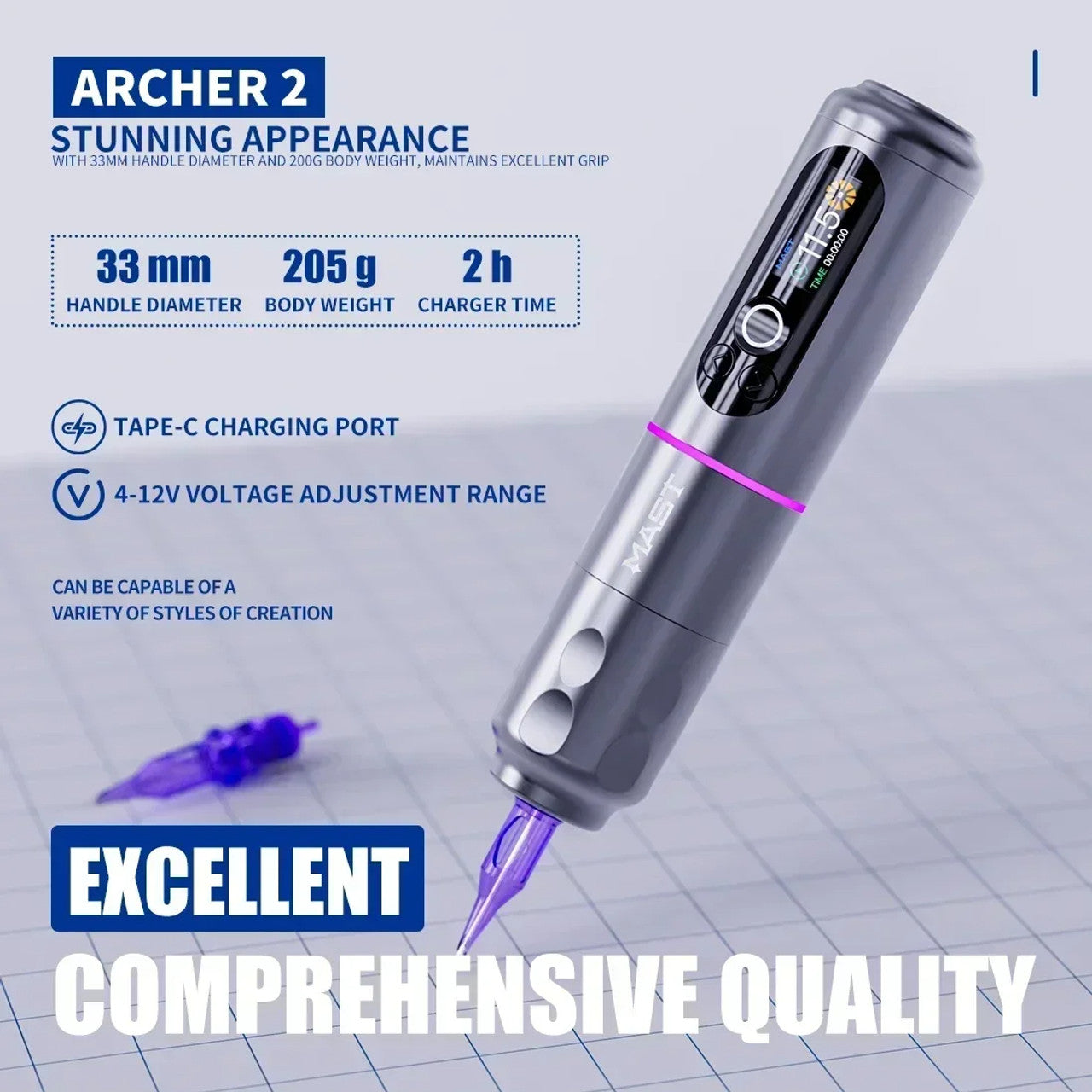 Dragonhawk Mast Archer 2 Wireless Tattoo Pen Machine with 3.5MM Stroke Brushless Motor Color Screen