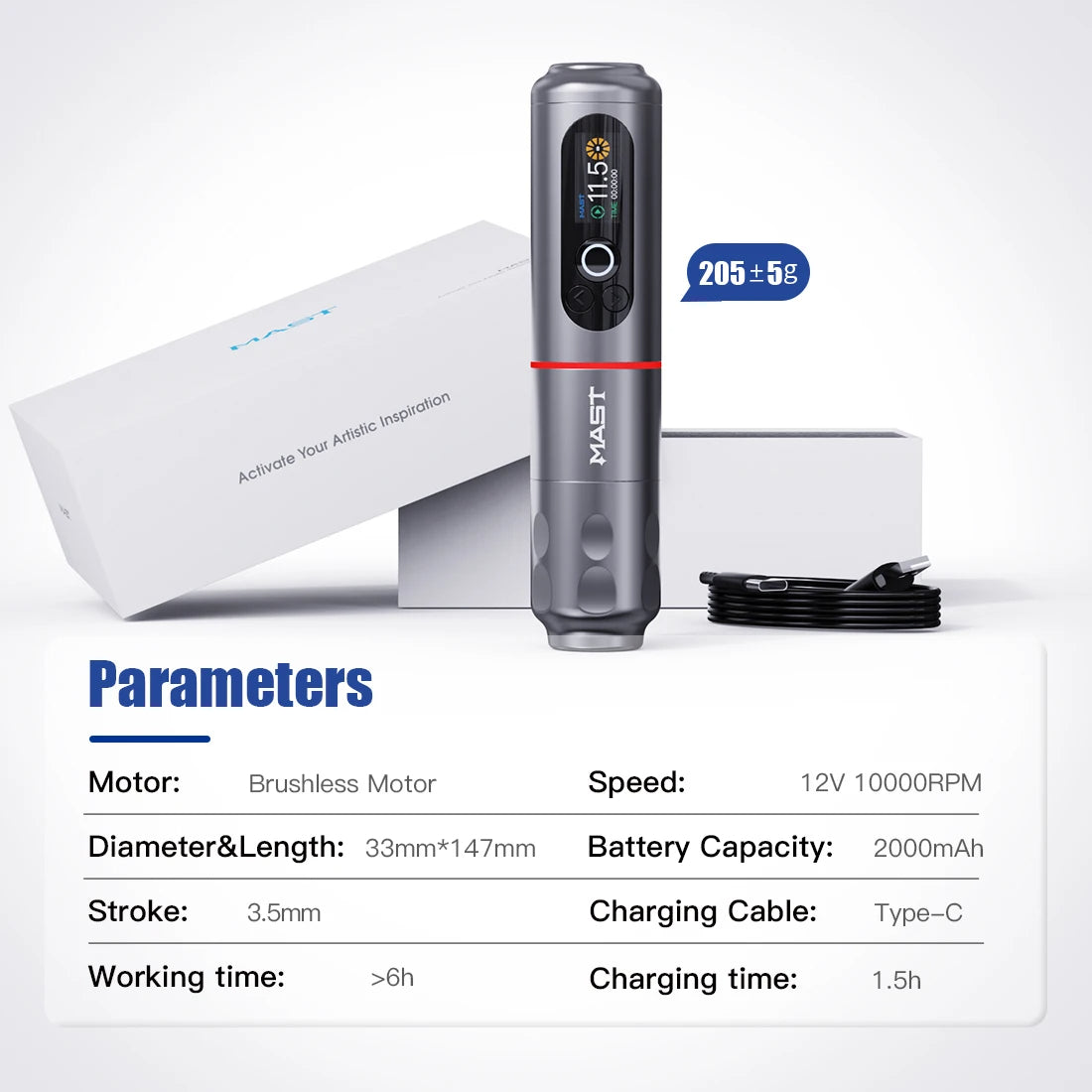 Dragonhawk Mast Archer 2 Wireless Tattoo Pen Machine with 3.5MM Stroke Brushless Motor Color Screen