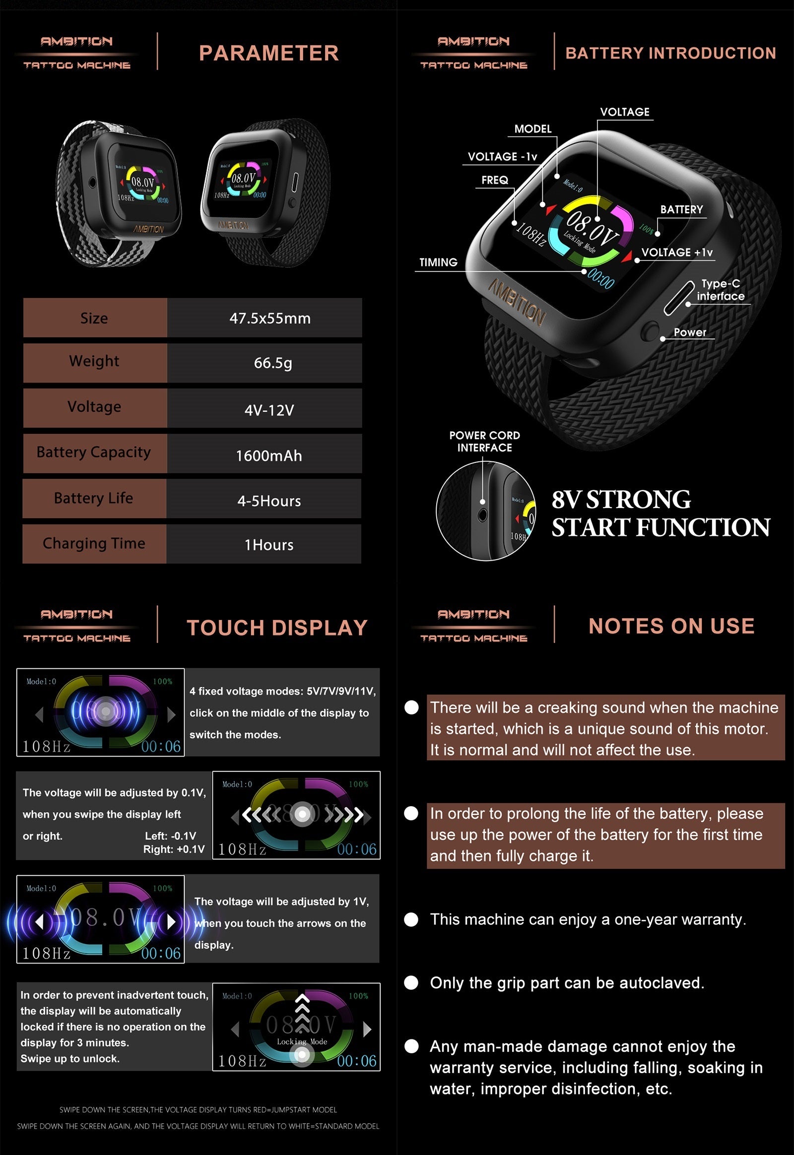 Ambition S1 Touch Screen Tattoo Battery Wristband Supply Portable RCA 1600mAh