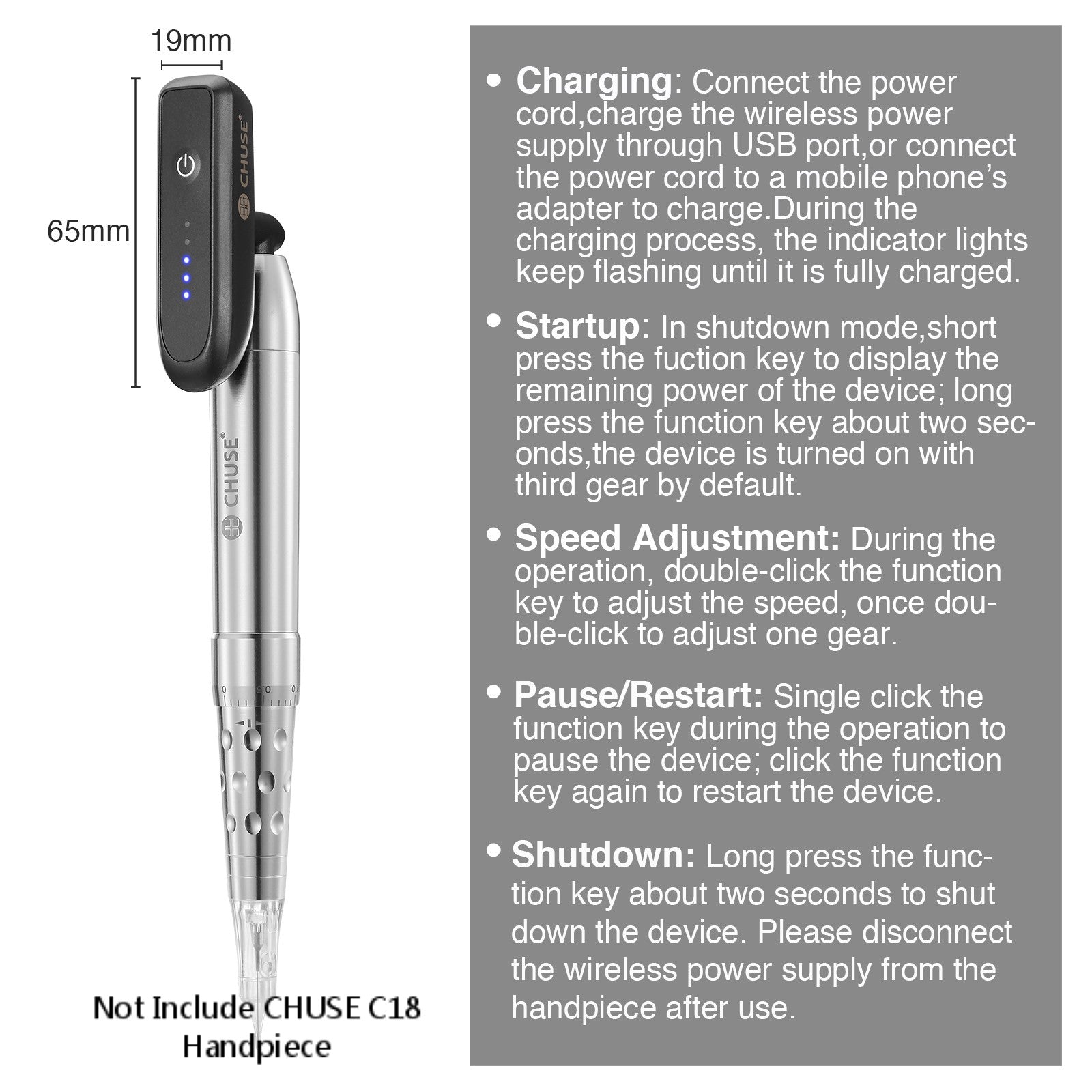 CHUSE Wireless Power Supply for P1/C18/C22 Handpiece, 3.5mm*1.5mm Interface