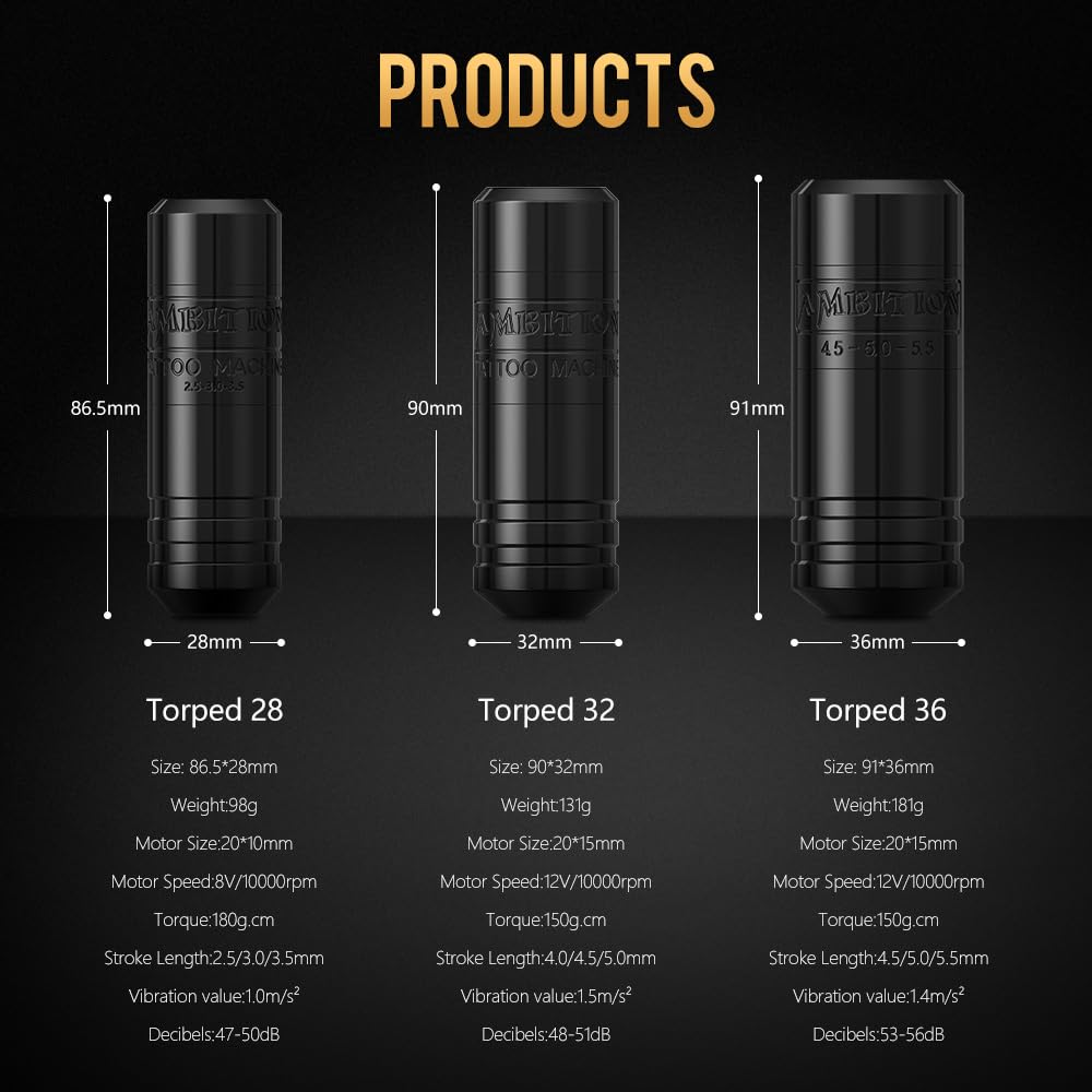 Ambition Torped 28/32/36mm Rotary Tattoo Machine Short Pen