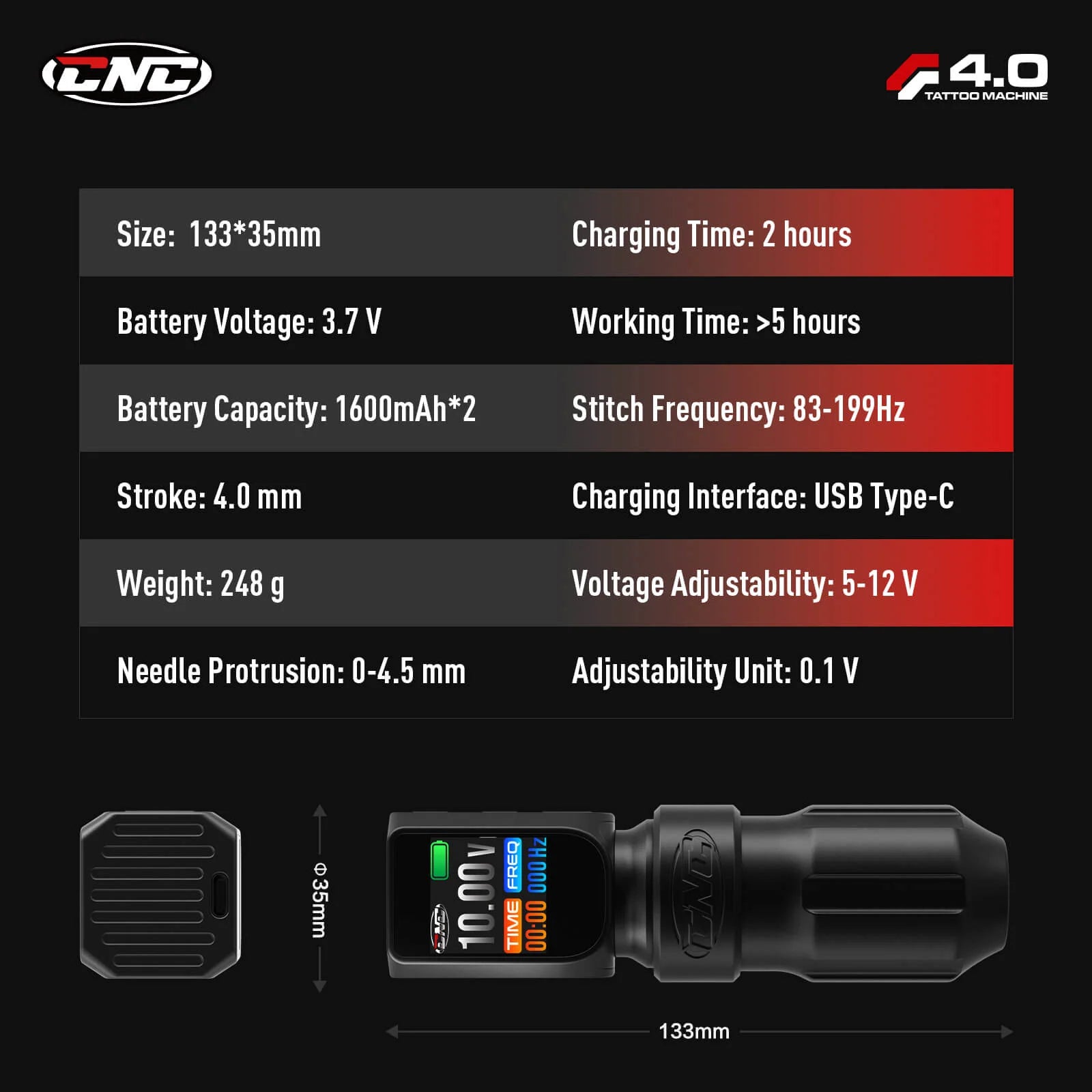 CNC Wireless Tattoo Machine, Rotary Pen with 1600mAh Dual Batteries Power Supply Tattoo Gun LED Display 4.0 Stroke Coreless Motor for Tattoo Professionals and Beginners