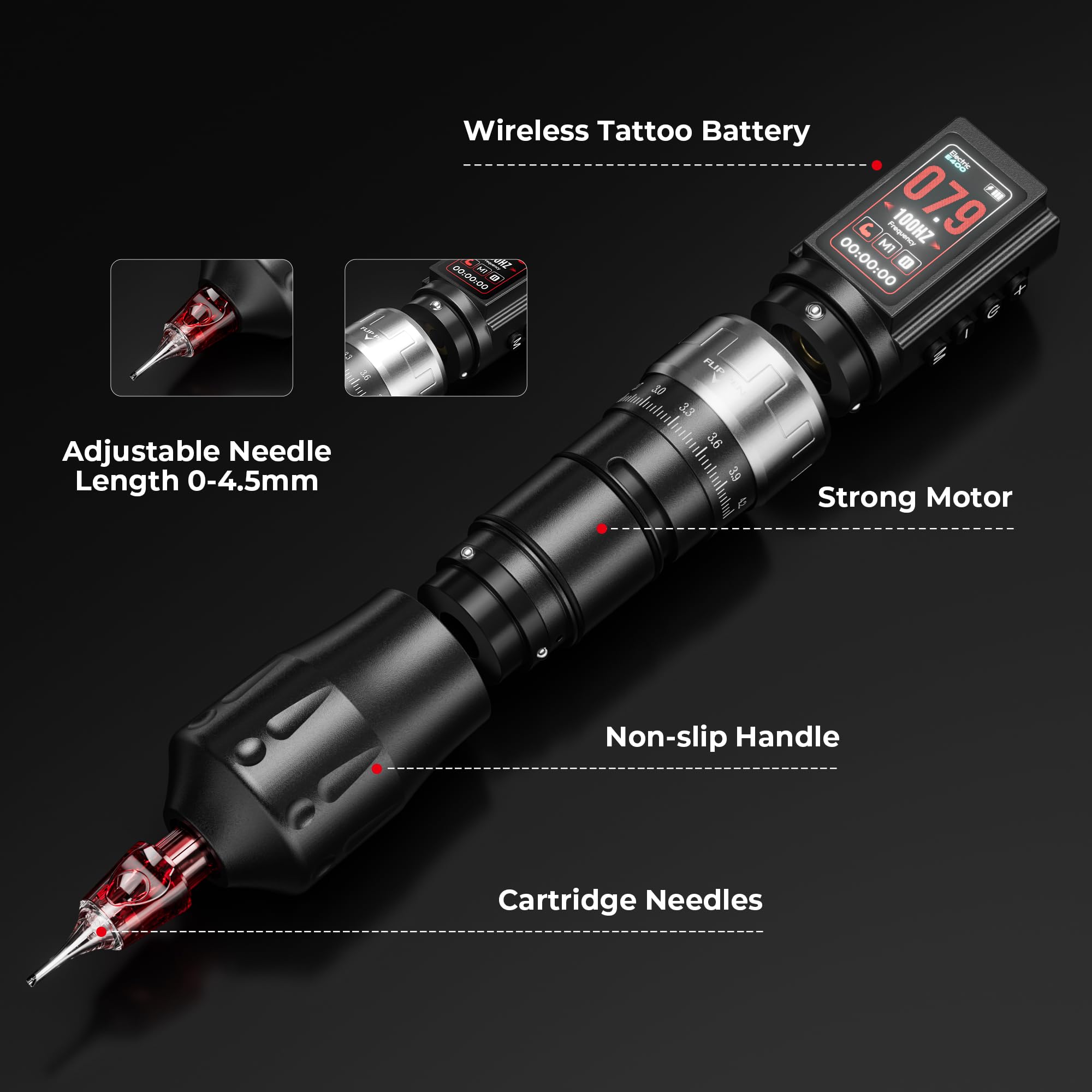CNC Wireless Tattoo Machine with 1800mAh Dual Batteries Adjustable 7 Strokes 2.4-4.2mm Rotary Pen LED Display Brushless Motor Tattoo Gun for Tattoo Artists Supply