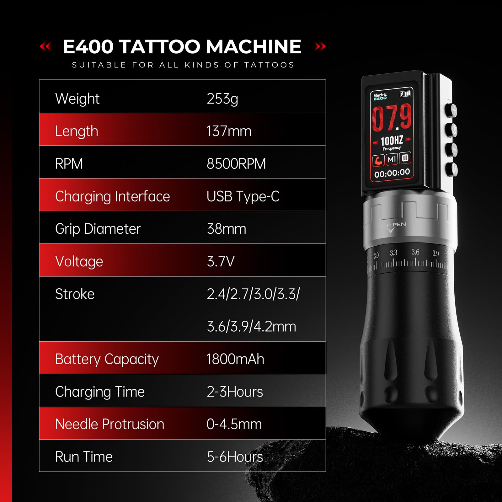 CNC Wireless Tattoo Machine with 1800mAh Dual Batteries Adjustable 7 Strokes 2.4-4.2mm Rotary Pen LED Display Brushless Motor Tattoo Gun for Tattoo Artists Supply