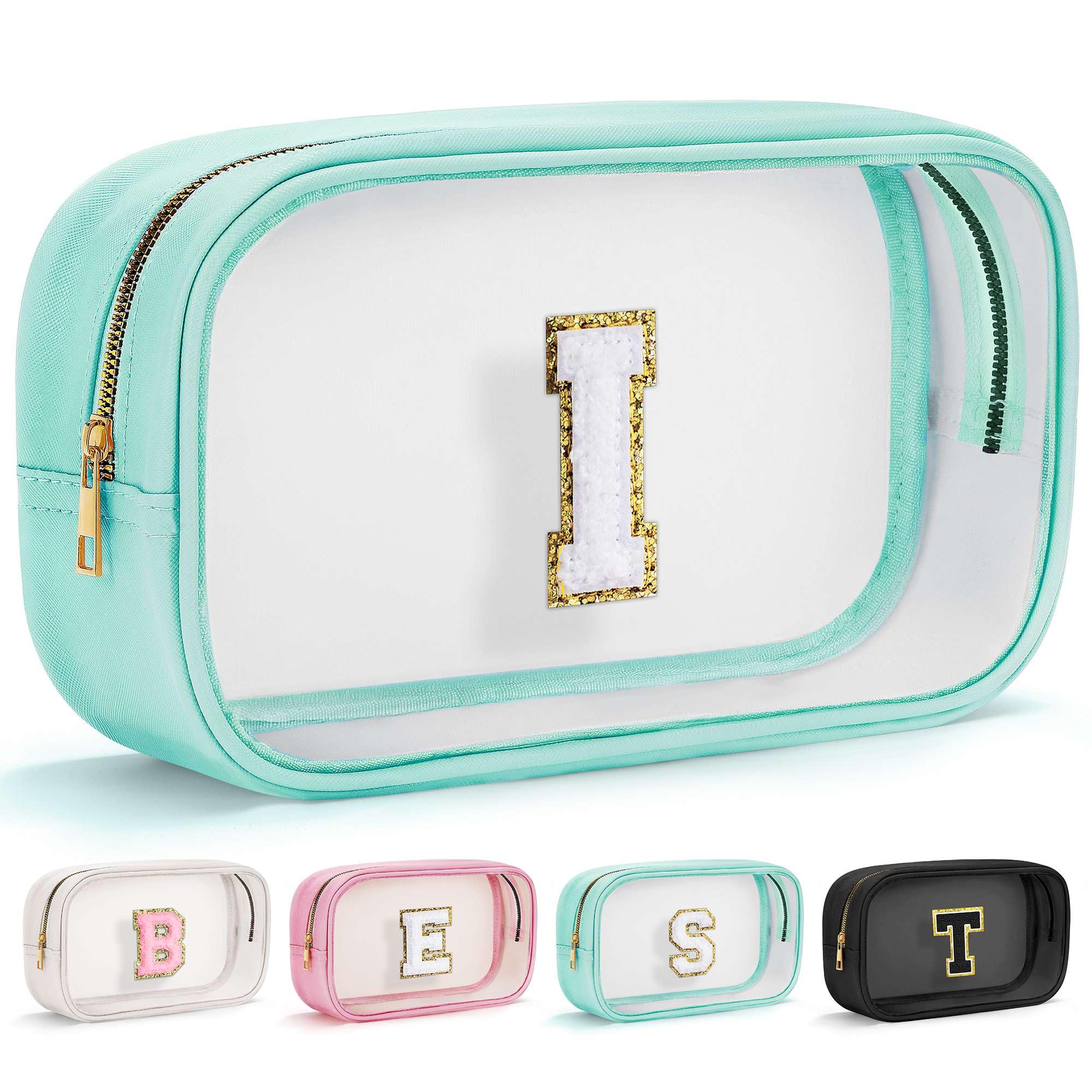 Initial Makeup Bag Travel Toiletry Bag Clear Makeup Bag Cosmetic Bags Travel Essentials Gifts for Girls Teen Girlfriend Teacher Birthday Gifts for Kids Black Graduation Gifts