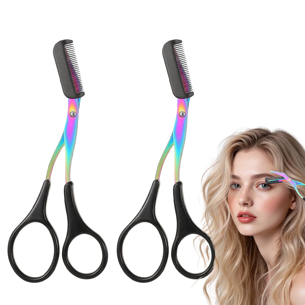 Eyebrow Trimmer Scissor, 2-in-1 Professional Eyebrow Scissor with Comb, Stainless Steel Precision Eyebrow Cutter, Curved Eye Brow Razor, Portable Hair Removal Makeup Tool for Women and Men (2Pcs)