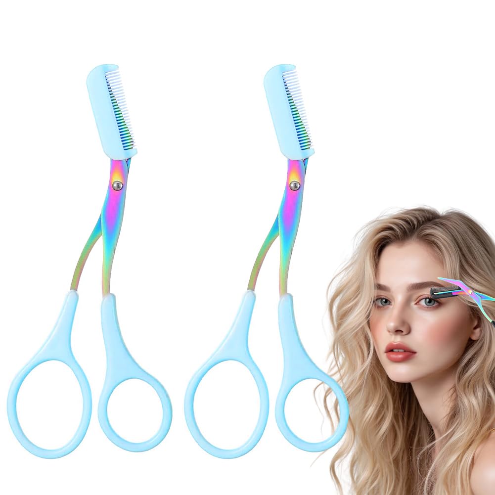 Eyebrow Trimmer Scissor, 2-in-1 Professional Eyebrow Scissor with Comb, Stainless Steel Precision Eyebrow Cutter, Curved Eye Brow Razor, Portable Hair Removal Makeup Tool for Women and Men (2Pcs)