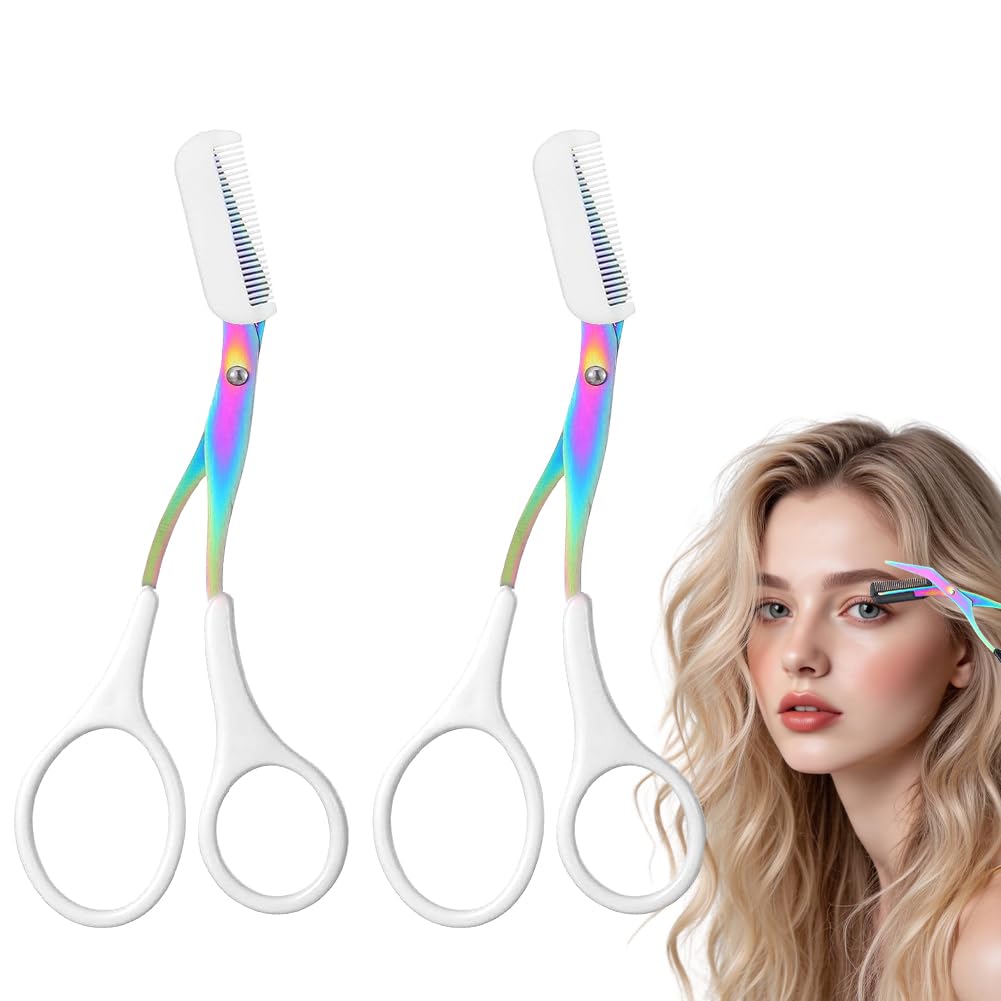 Eyebrow Trimmer Scissor, 2-in-1 Professional Eyebrow Scissor with Comb, Stainless Steel Precision Eyebrow Cutter, Curved Eye Brow Razor, Portable Hair Removal Makeup Tool for Women and Men (2Pcs)