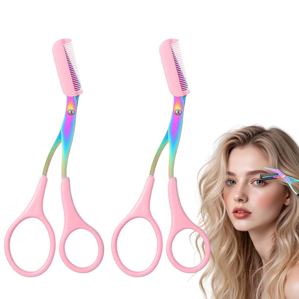Eyebrow Trimmer Scissor, 2-in-1 Professional Eyebrow Scissor with Comb, Stainless Steel Precision Eyebrow Cutter, Curved Eye Brow Razor, Portable Hair Removal Makeup Tool for Women and Men (2Pcs)