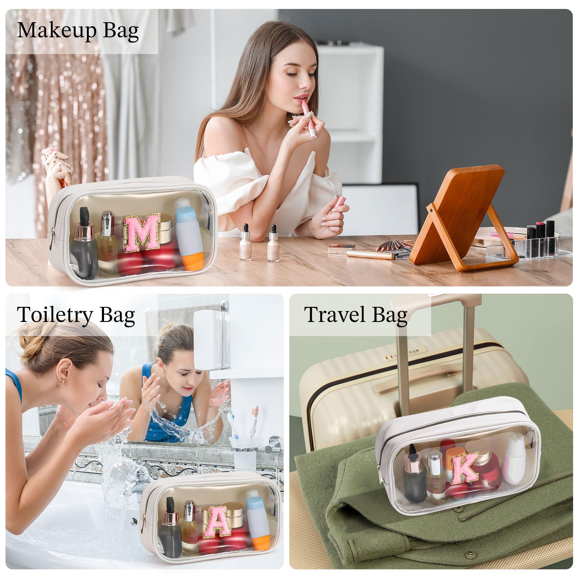 Initial Makeup Bag Travel Toiletry Bag Clear Makeup Bag Cosmetic Bags Travel Essentials Gifts for Girls Teen Girlfriend Teacher Birthday Gifts for Kids Black Graduation Gifts
