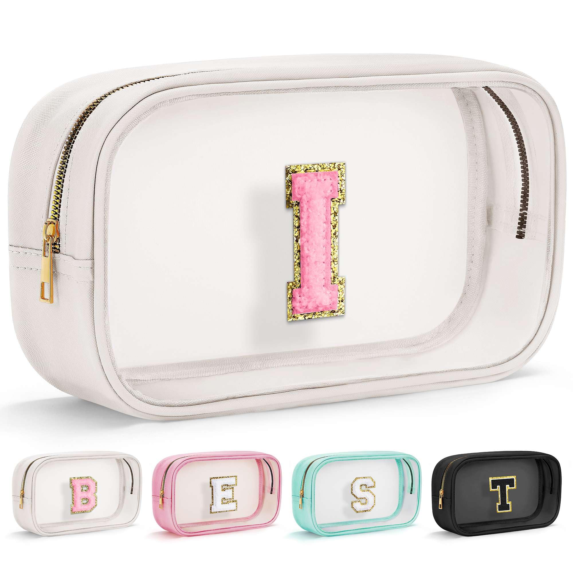 Initial Makeup Bag Travel Toiletry Bag Clear Makeup Bag Cosmetic Bags Travel Essentials Gifts for Girls Teen Girlfriend Teacher Birthday Gifts for Kids Black Graduation Gifts