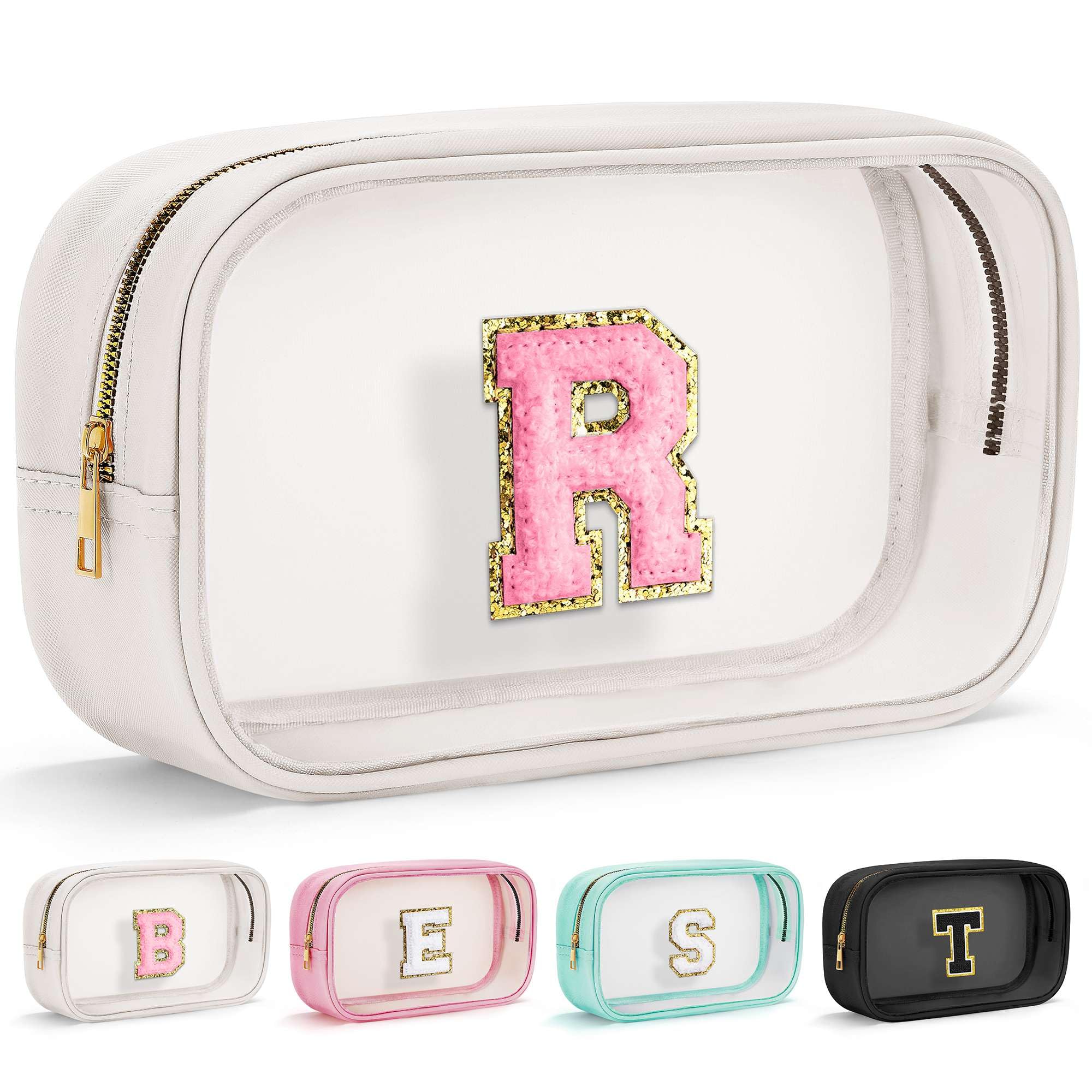 Initial Makeup Bag Travel Toiletry Bag Clear Makeup Bag Cosmetic Bags Travel Essentials Gifts for Girls Teen Girlfriend Teacher Birthday Gifts for Kids Black Graduation Gifts