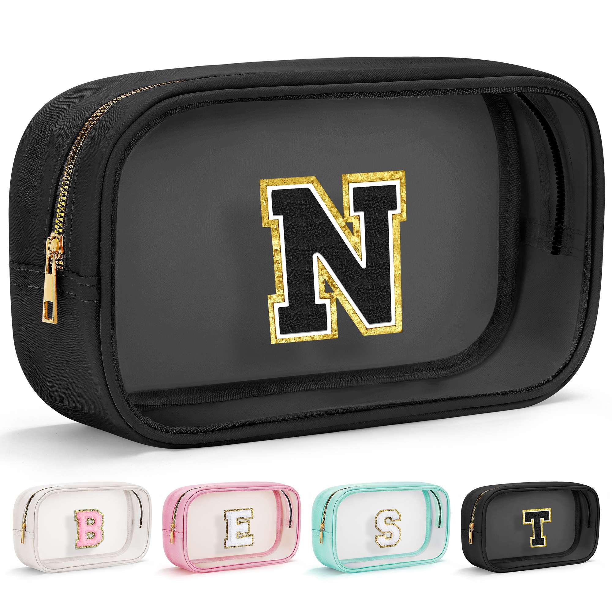 Initial Makeup Bag Travel Toiletry Bag Clear Makeup Bag Cosmetic Bags Travel Essentials Gifts for Girls Teen Girlfriend Teacher Birthday Gifts for Kids Black Graduation Gifts
