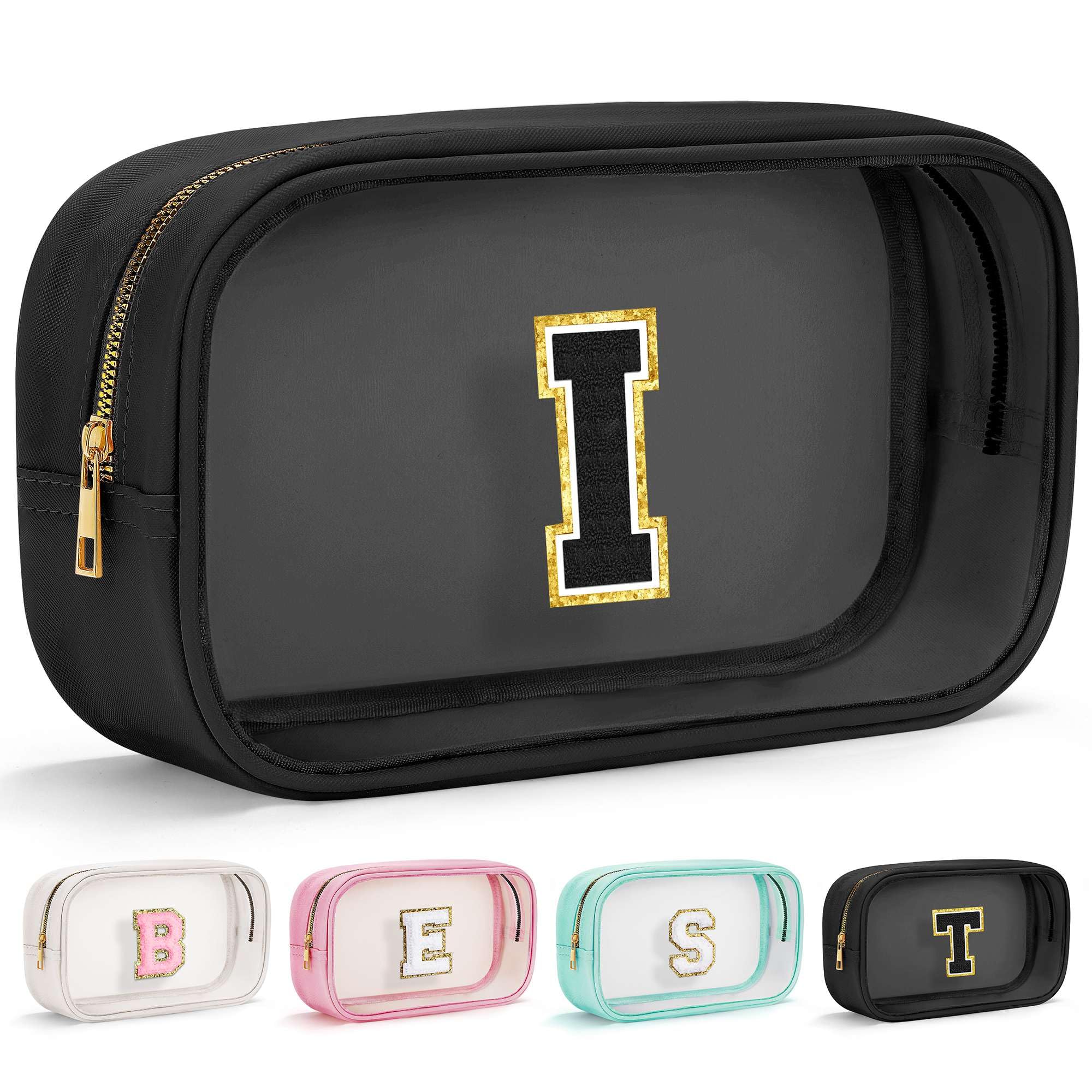 Initial Makeup Bag Travel Toiletry Bag Clear Makeup Bag Cosmetic Bags Travel Essentials Gifts for Girls Teen Girlfriend Teacher Birthday Gifts for Kids Black Graduation Gifts