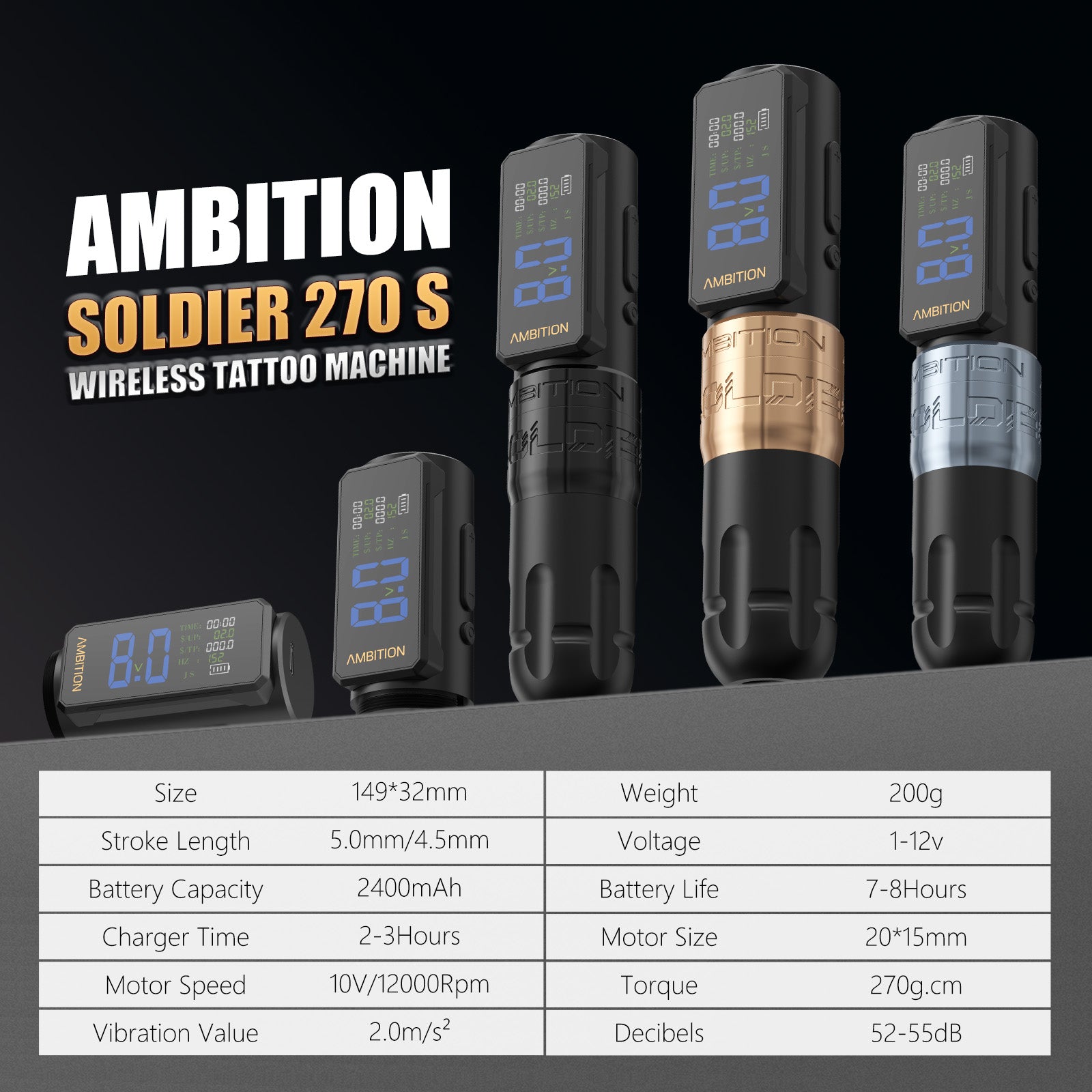 Ambition Soldier270S Stroke 4.5+5.0mm Wireless Tattoo Machine