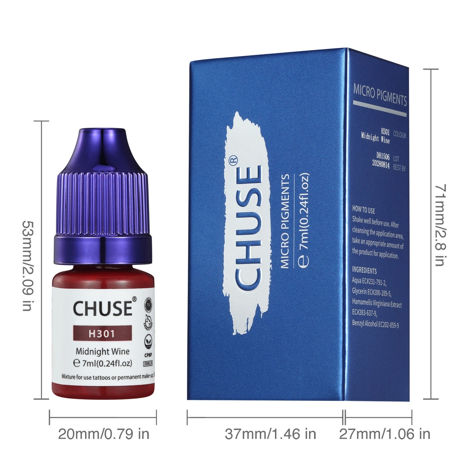 CHUSE PMU Hybrid Liquid Lips Pigments Shades 0.24oz/7ml (H301 Midnight Wine)