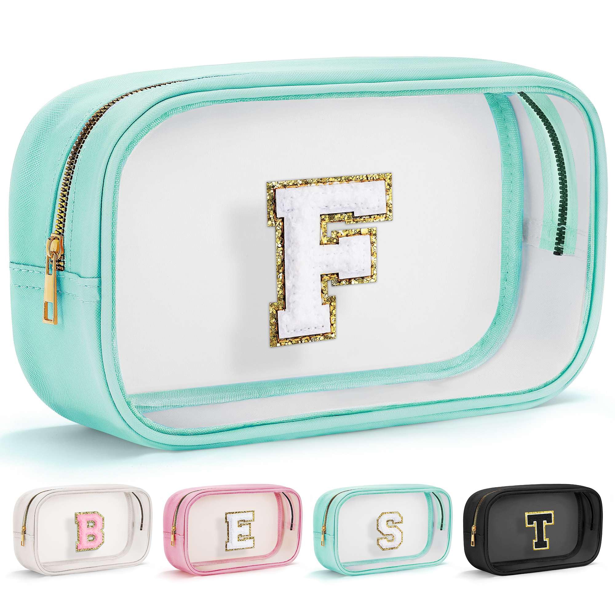 Initial Makeup Bag Travel Toiletry Bag Clear Makeup Bag Cosmetic Bags Travel Essentials Gifts for Girls Teen Girlfriend Teacher Birthday Gifts for Kids Black Graduation Gifts
