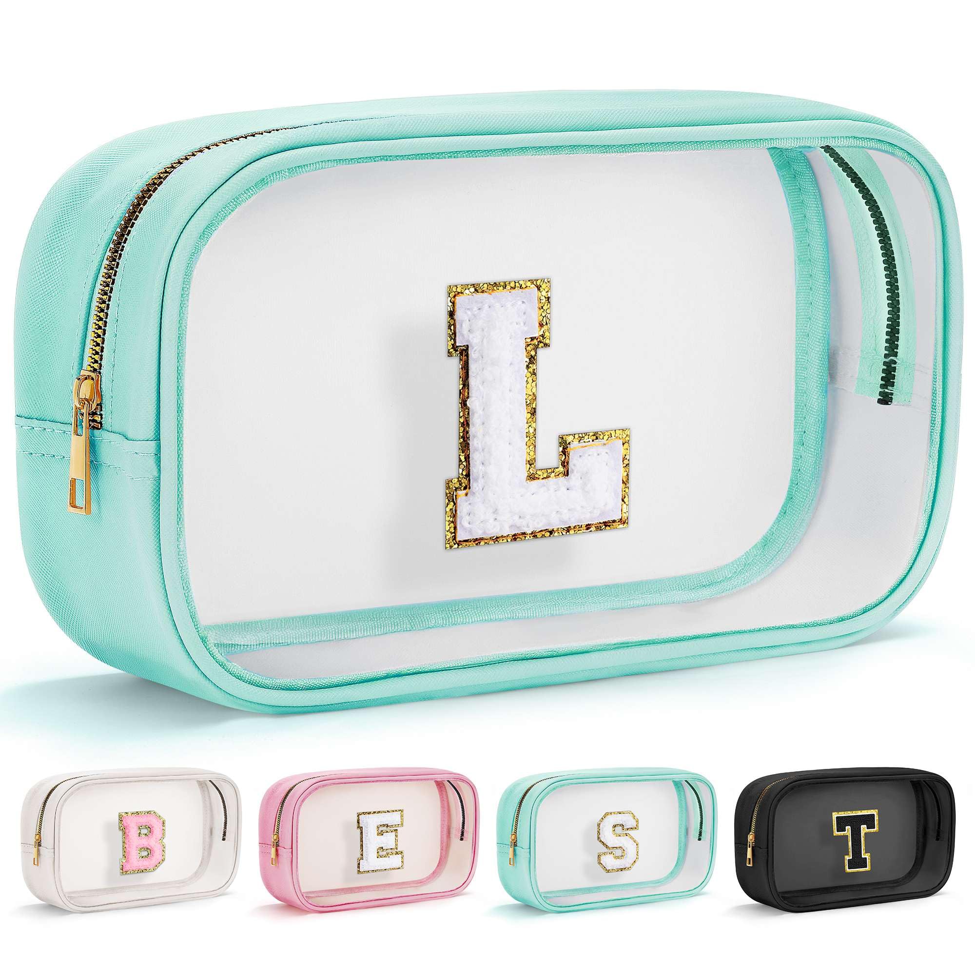 Initial Makeup Bag Travel Toiletry Bag Clear Makeup Bag Cosmetic Bags Travel Essentials Gifts for Girls Teen Girlfriend Teacher Birthday Gifts for Kids Black Graduation Gifts