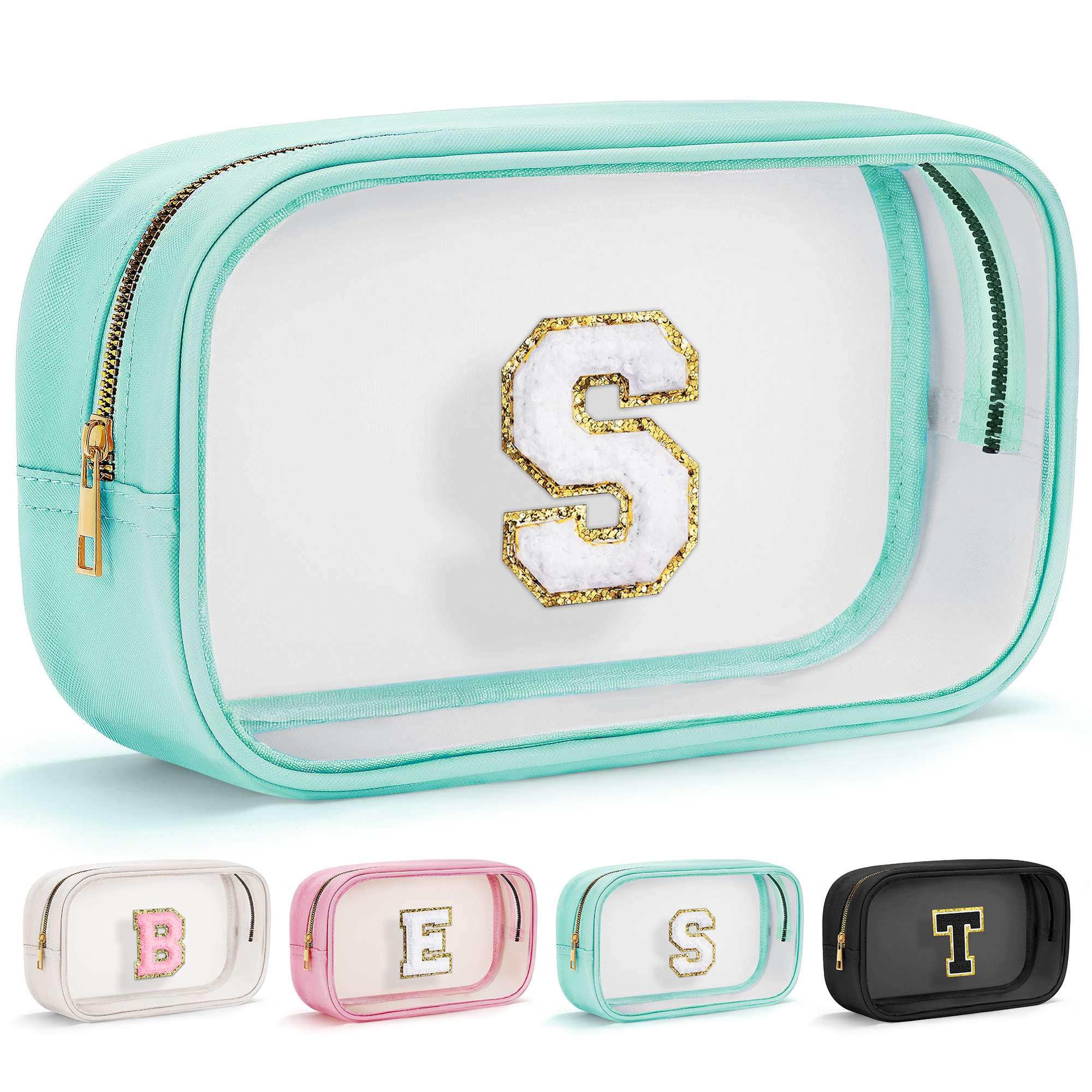 Initial Makeup Bag Travel Toiletry Bag Clear Makeup Bag Cosmetic Bags Travel Essentials Gifts for Girls Teen Girlfriend Teacher Birthday Gifts for Kids Black Graduation Gifts