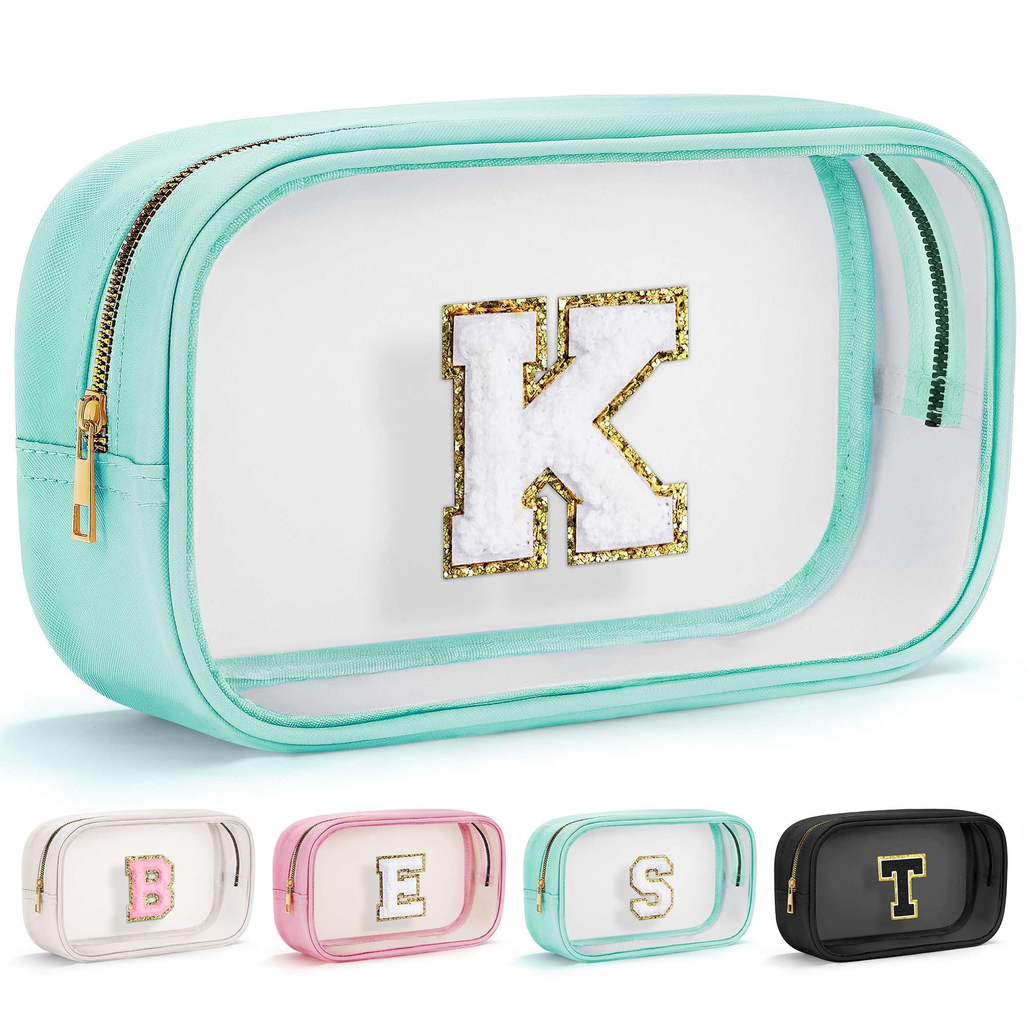 Initial Makeup Bag Travel Toiletry Bag Clear Makeup Bag Cosmetic Bags Travel Essentials Gifts for Girls Teen Girlfriend Teacher Birthday Gifts for Kids Black Graduation Gifts