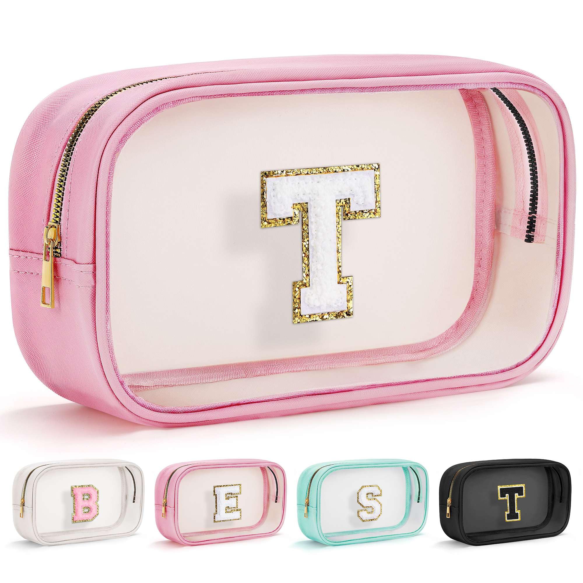 Initial Makeup Bag Travel Toiletry Bag Clear Makeup Bag Cosmetic Bags Travel Essentials Gifts for Girls Teen Girlfriend Teacher Birthday Gifts for Kids Black Graduation Gifts