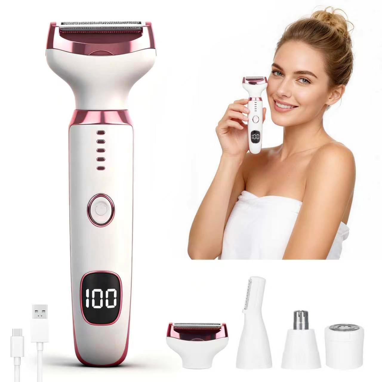 Electric Razor for Women Men,4 in 1 Ladies Wet & Dry Body Razors and Facial Hair Remover, Rechargeable LED Display Hair Removal Kit for Nose Face Body Bikini Hair