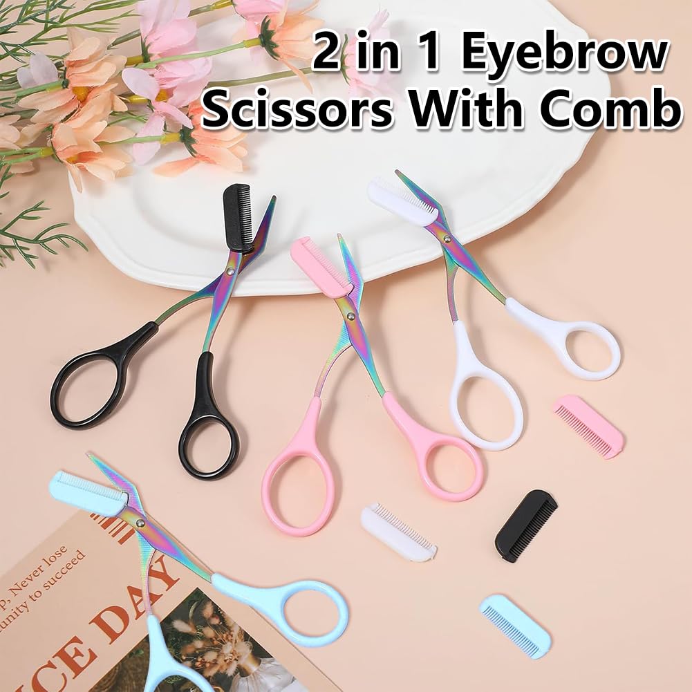Eyebrow Trimmer Scissor, 2-in-1 Professional Eyebrow Scissor with Comb, Stainless Steel Precision Eyebrow Cutter, Curved Eye Brow Razor, Portable Hair Removal Makeup Tool for Women and Men (2Pcs)