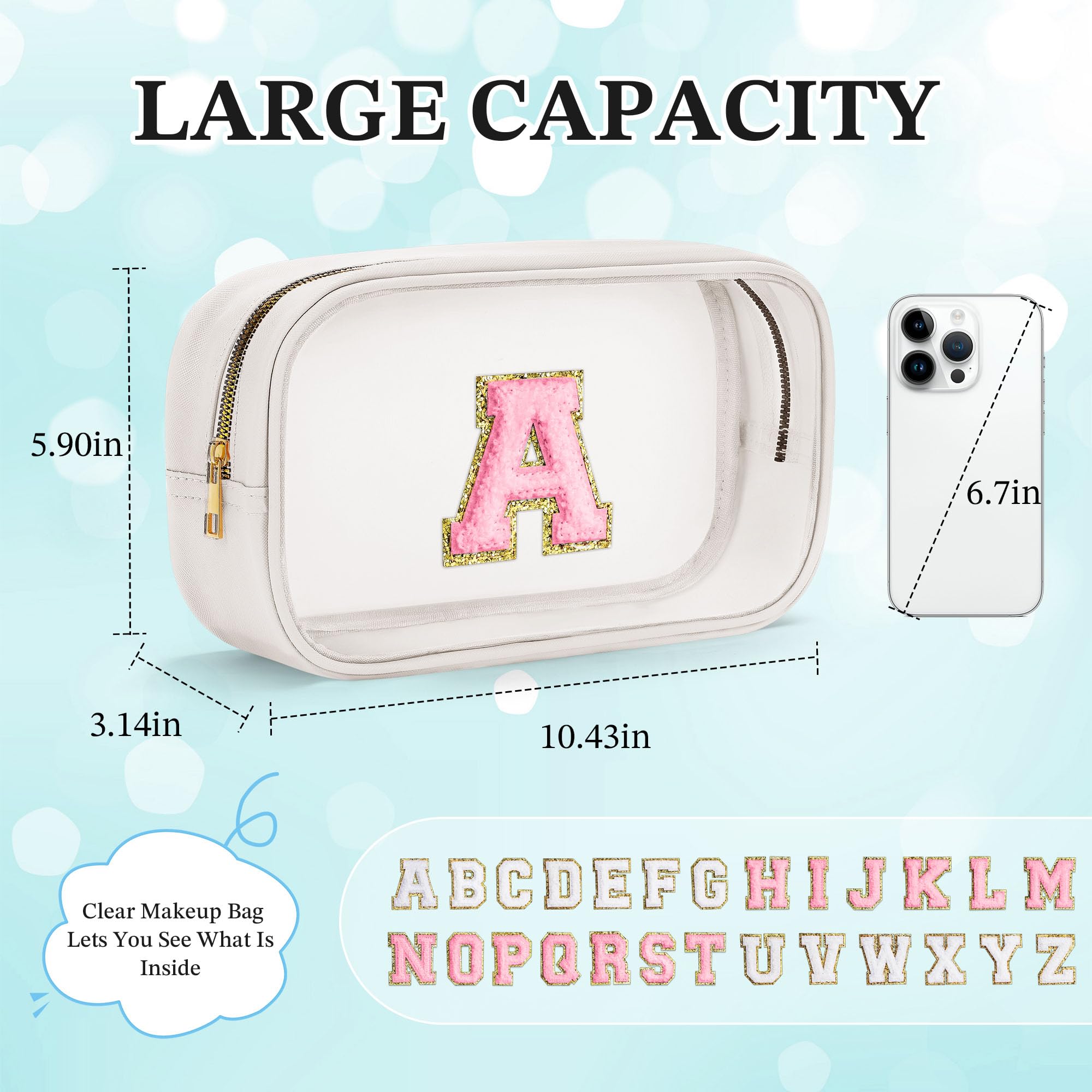 Initial Makeup Bag Travel Toiletry Bag Clear Makeup Bag Cosmetic Bags Travel Essentials Gifts for Girls Teen Girlfriend Teacher Birthday Gifts for Kids Black Graduation Gifts