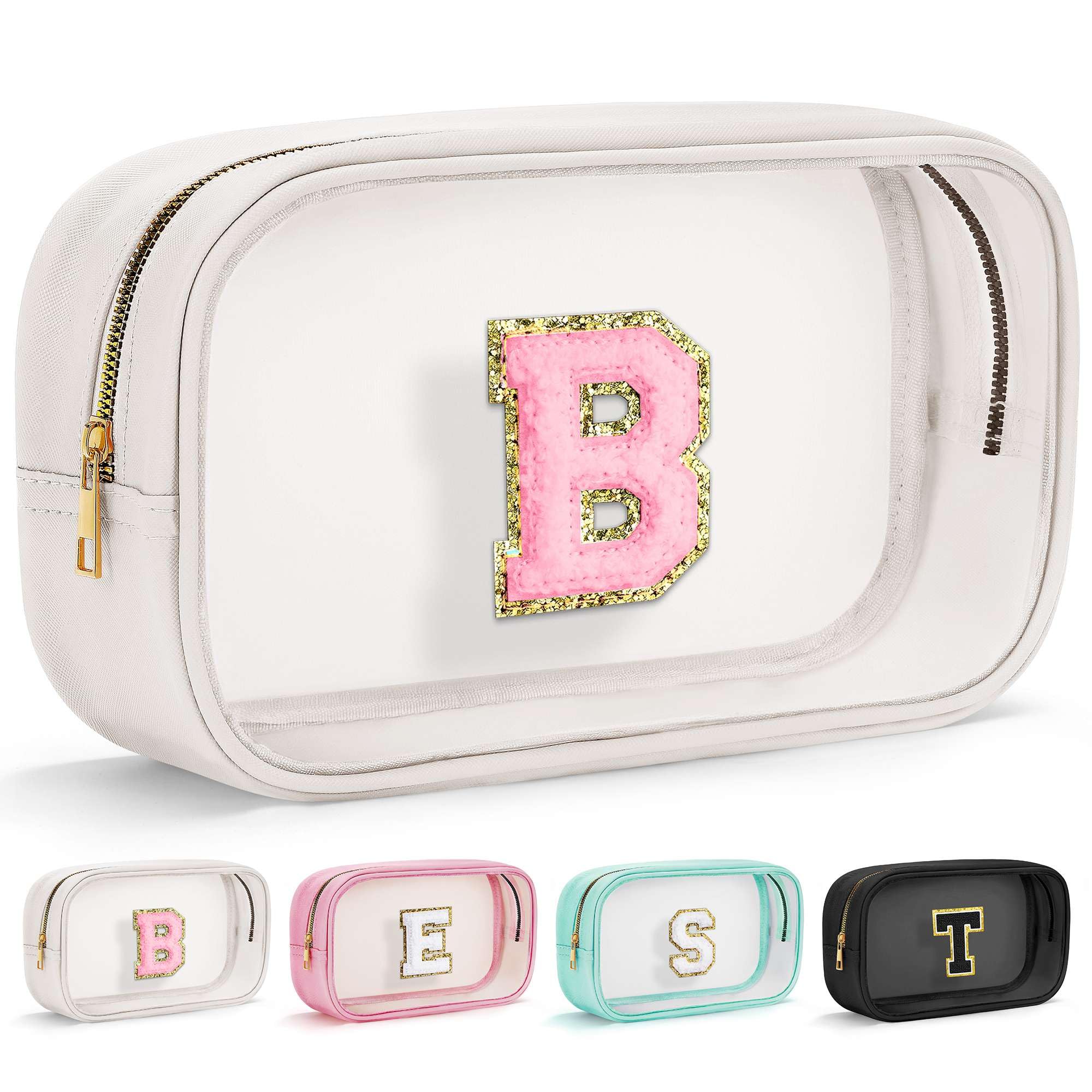 Initial Makeup Bag Travel Toiletry Bag Clear Makeup Bag Cosmetic Bags Travel Essentials Gifts for Girls Teen Girlfriend Teacher Birthday Gifts for Kids Black Graduation Gifts