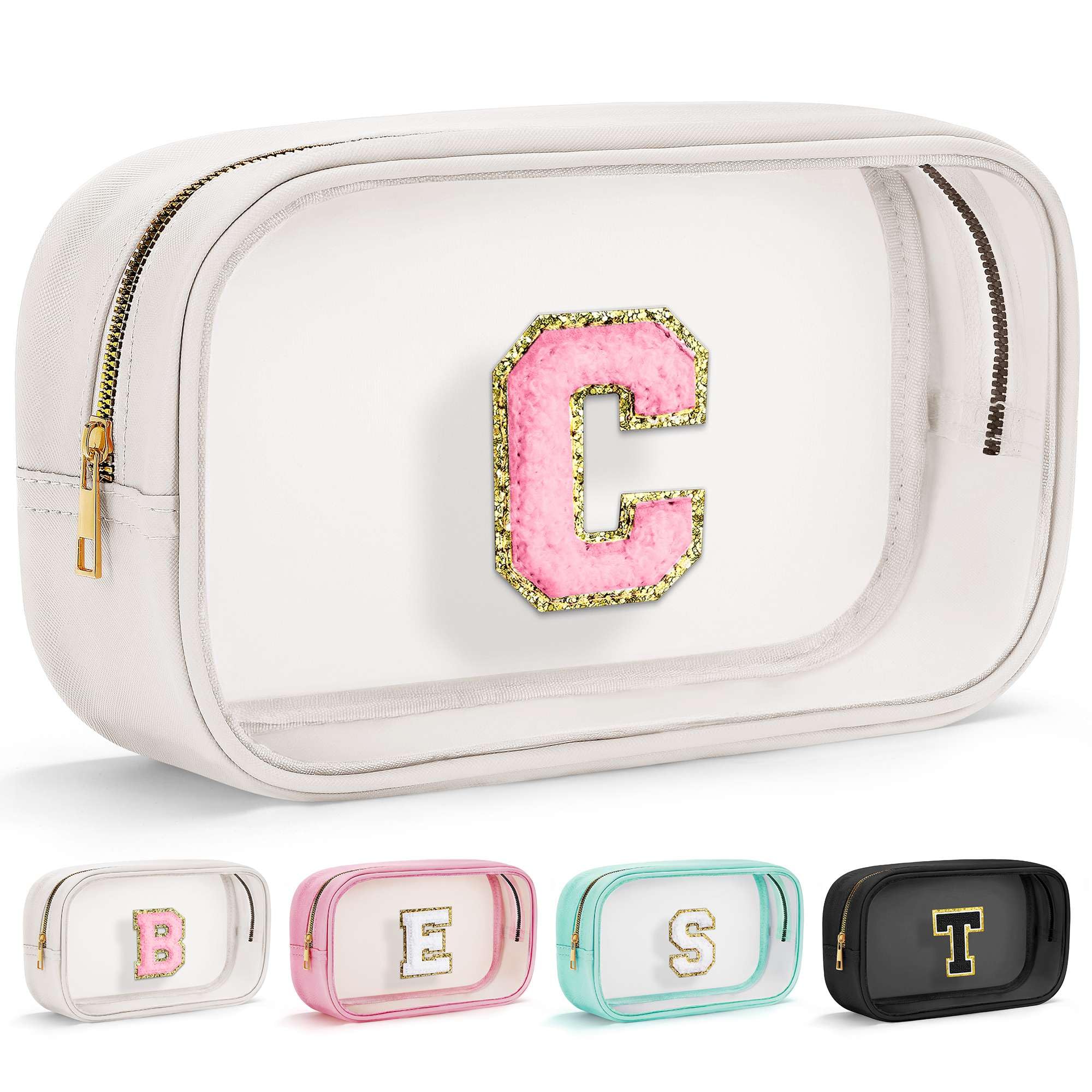 Initial Makeup Bag Travel Toiletry Bag Clear Makeup Bag Cosmetic Bags Travel Essentials Gifts for Girls Teen Girlfriend Teacher Birthday Gifts for Kids Black Graduation Gifts