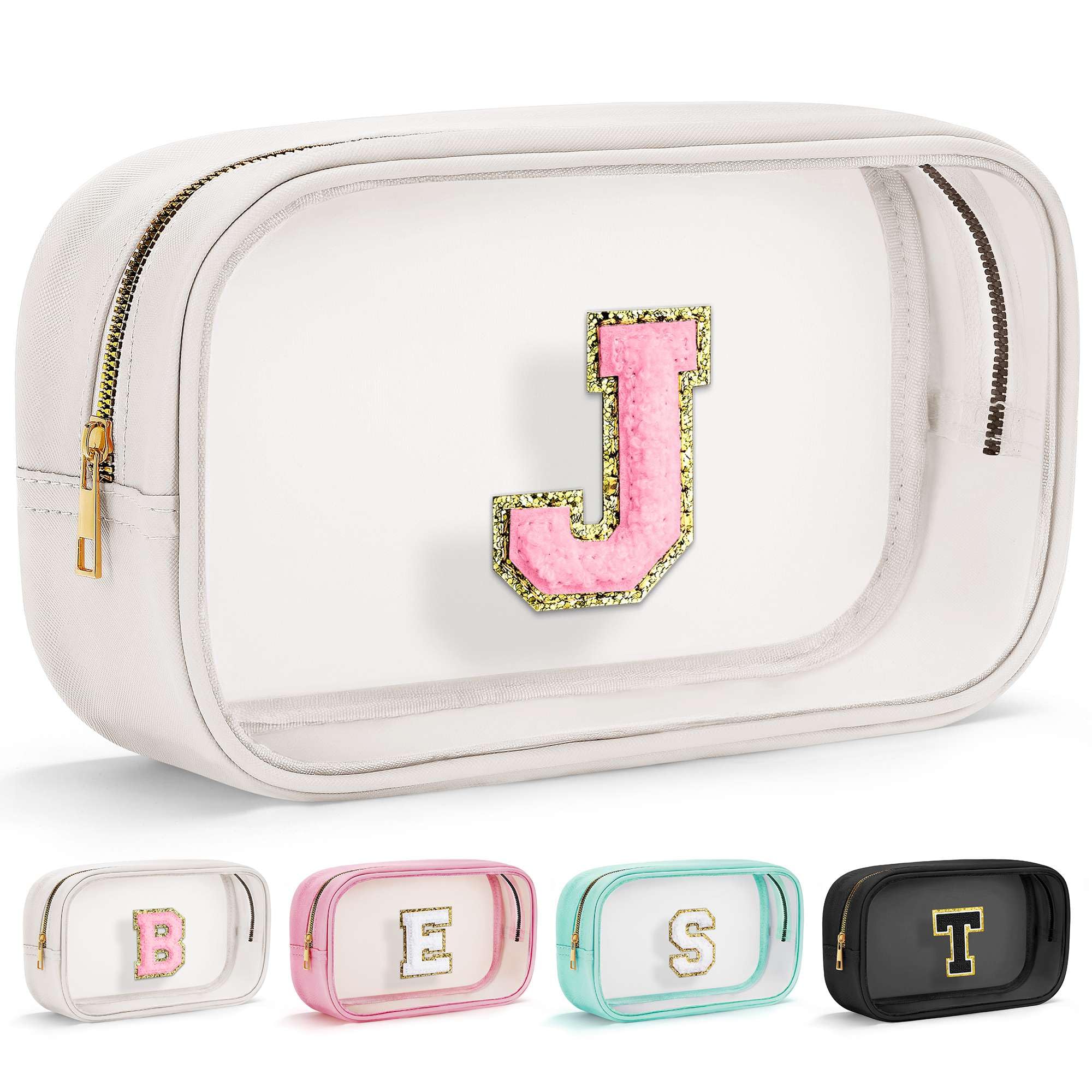 Initial Makeup Bag Travel Toiletry Bag Clear Makeup Bag Cosmetic Bags Travel Essentials Gifts for Girls Teen Girlfriend Teacher Birthday Gifts for Kids Black Graduation Gifts