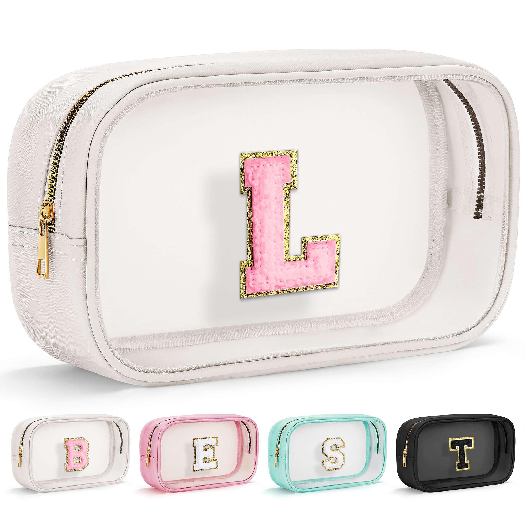 Initial Makeup Bag Travel Toiletry Bag Clear Makeup Bag Cosmetic Bags Travel Essentials Gifts for Girls Teen Girlfriend Teacher Birthday Gifts for Kids Black Graduation Gifts