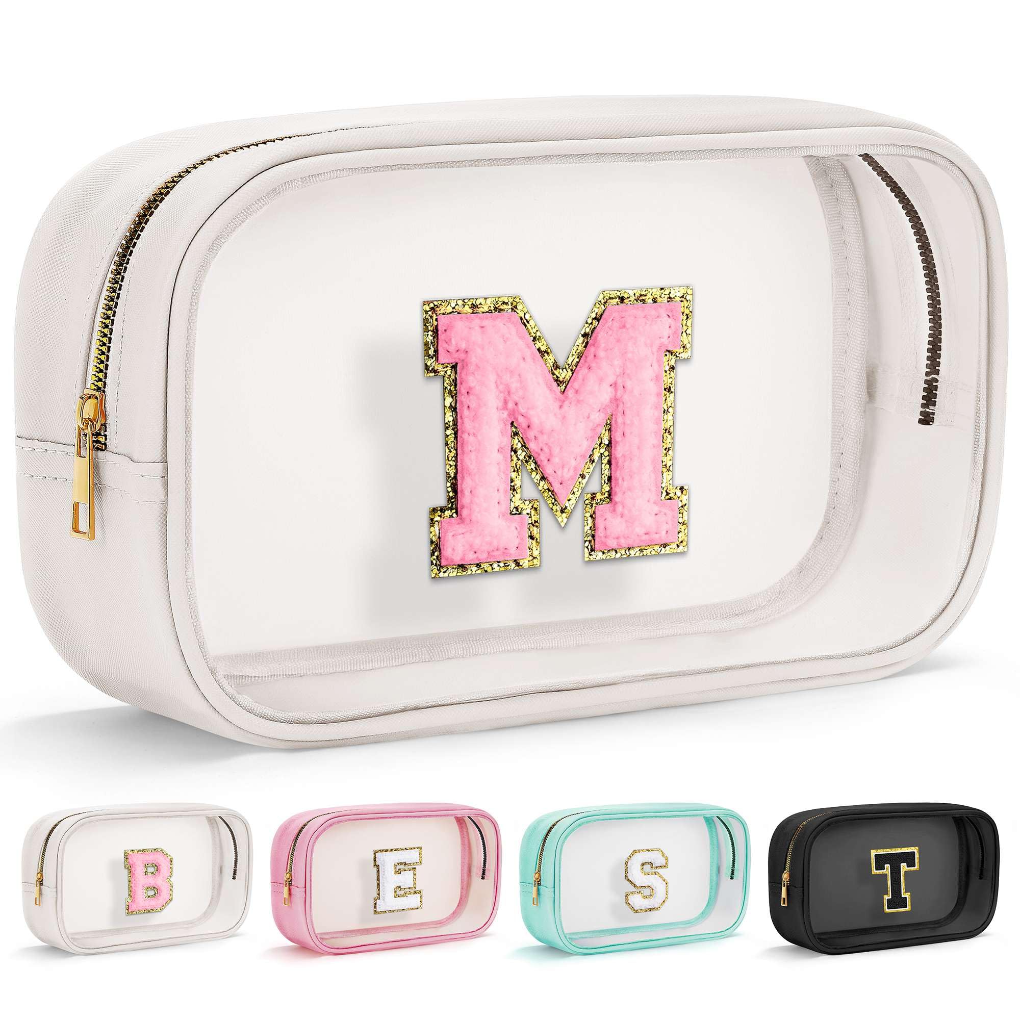 Initial Makeup Bag Travel Toiletry Bag Clear Makeup Bag Cosmetic Bags Travel Essentials Gifts for Girls Teen Girlfriend Teacher Birthday Gifts for Kids Black Graduation Gifts