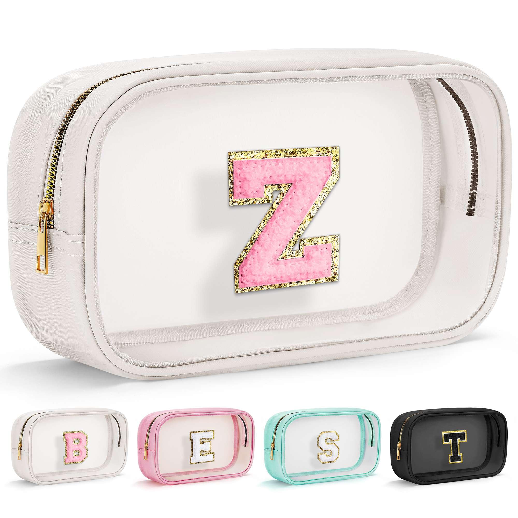 Initial Makeup Bag Travel Toiletry Bag Clear Makeup Bag Cosmetic Bags Travel Essentials Gifts for Girls Teen Girlfriend Teacher Birthday Gifts for Kids Black Graduation Gifts