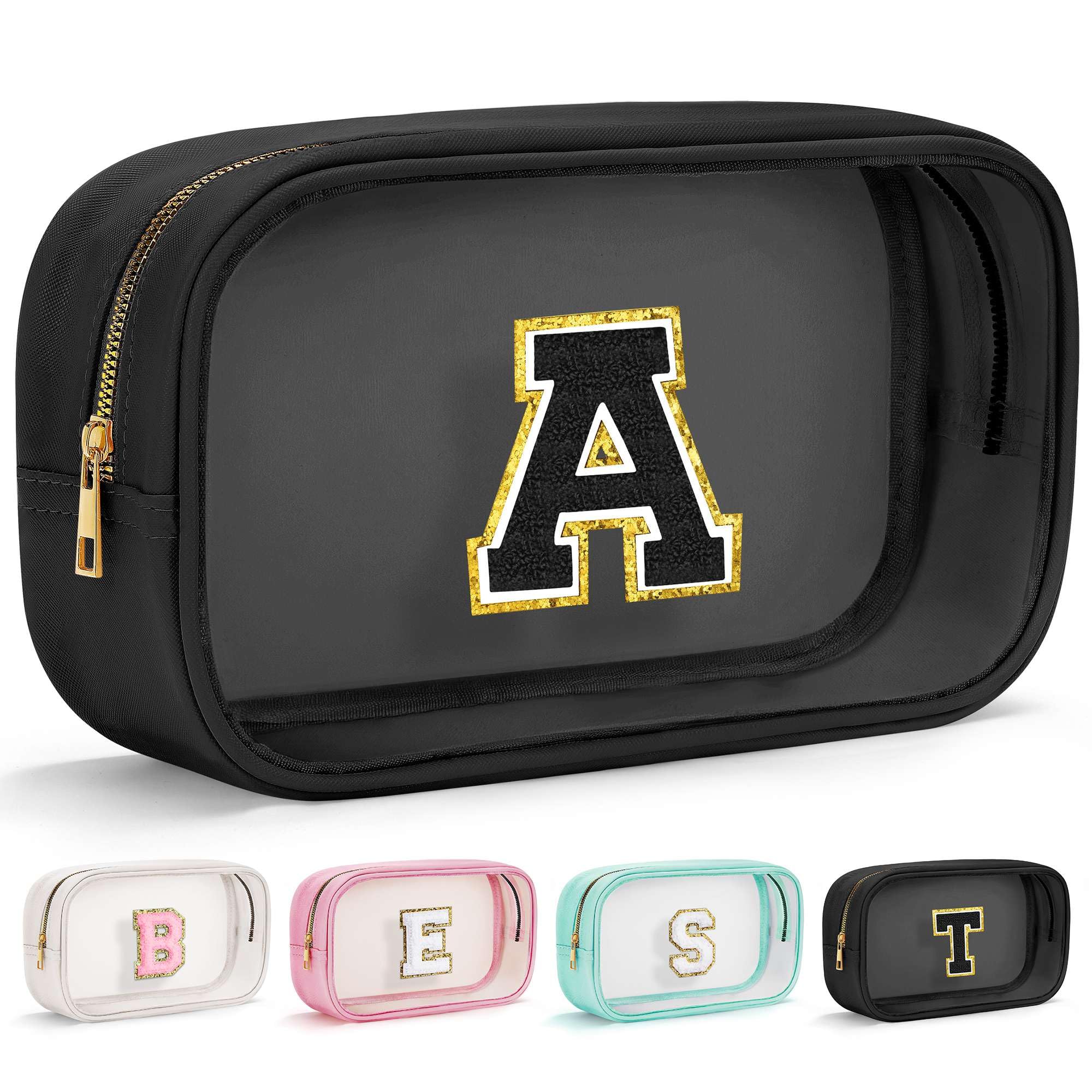 Initial Makeup Bag Travel Toiletry Bag Clear Makeup Bag Cosmetic Bags Travel Essentials Gifts for Girls Teen Girlfriend Teacher Birthday Gifts for Kids Black Graduation Gifts