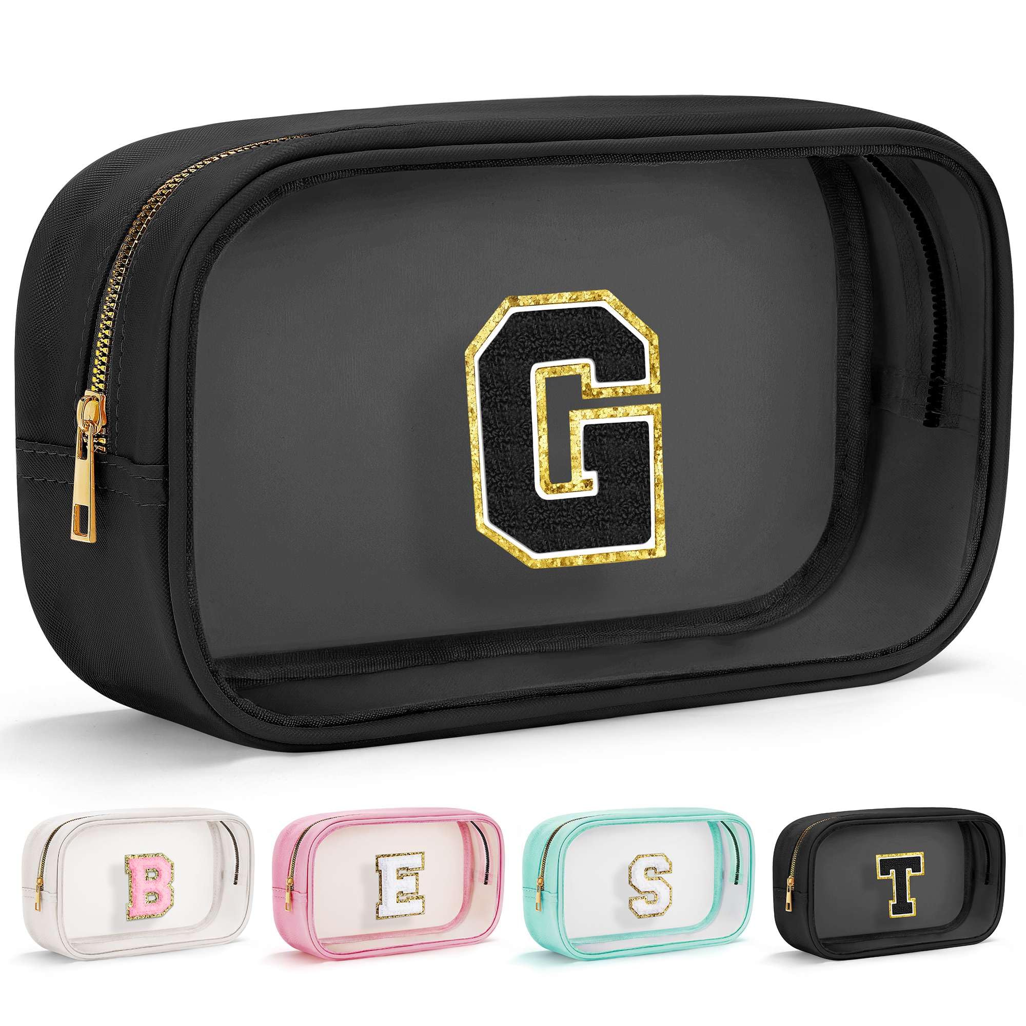 Initial Makeup Bag Travel Toiletry Bag Clear Makeup Bag Cosmetic Bags Travel Essentials Gifts for Girls Teen Girlfriend Teacher Birthday Gifts for Kids Black Graduation Gifts
