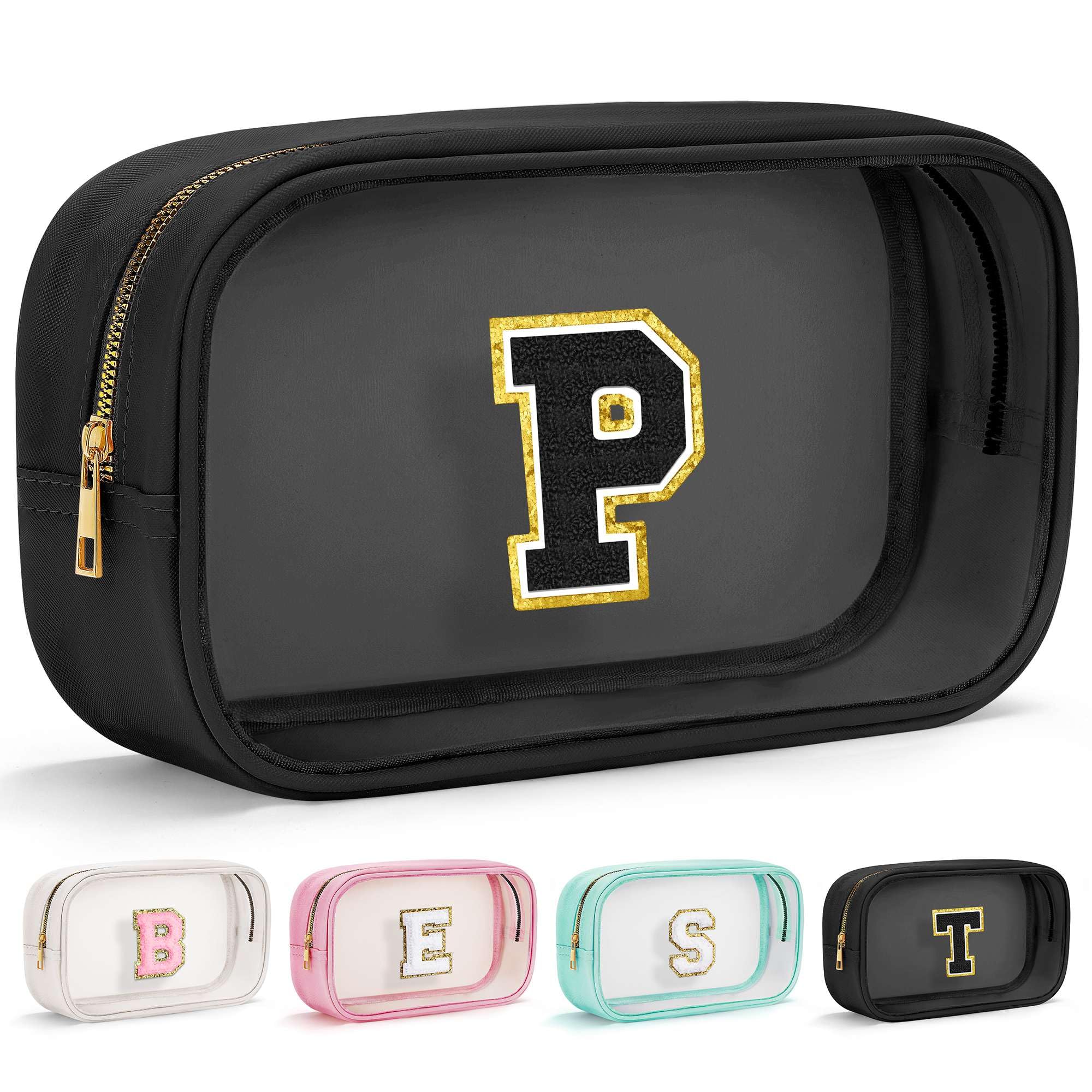 Initial Makeup Bag Travel Toiletry Bag Clear Makeup Bag Cosmetic Bags Travel Essentials Gifts for Girls Teen Girlfriend Teacher Birthday Gifts for Kids Black Graduation Gifts