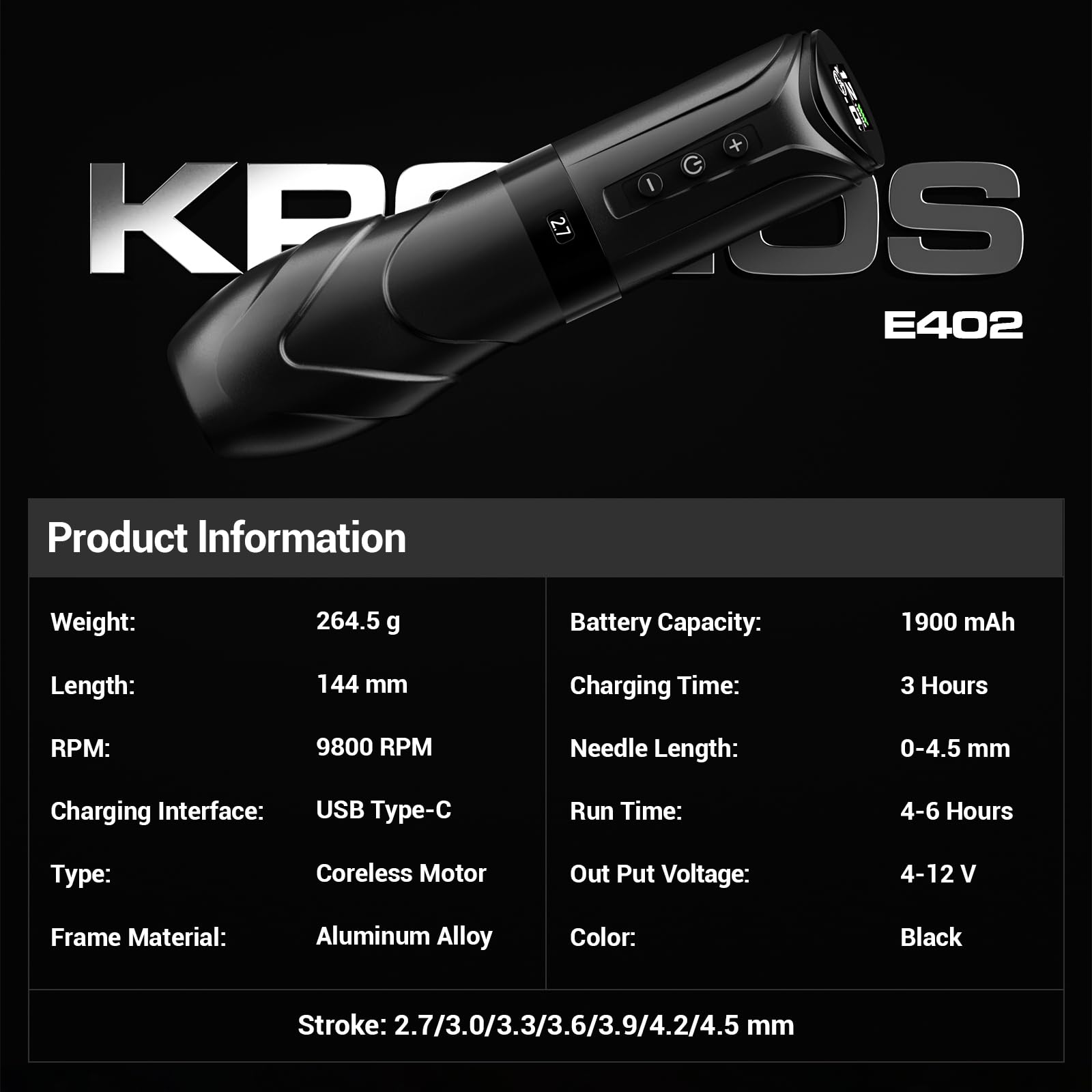 CNC KRONOS Wireless Tattoo Machine– 1900 mAh Battery, USB-C Rapid Charge, 4–12 V Adjustable & 7 Stroke