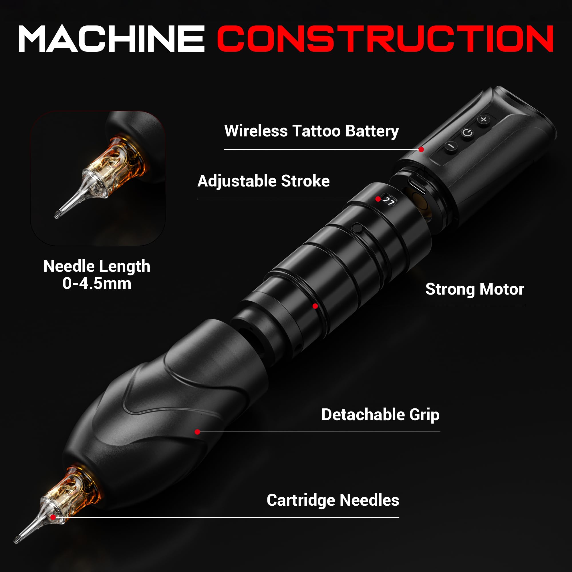 CNC KRONOS Wireless Tattoo Machine– 1900 mAh Battery, USB-C Rapid Charge, 4–12 V Adjustable & 7 Stroke